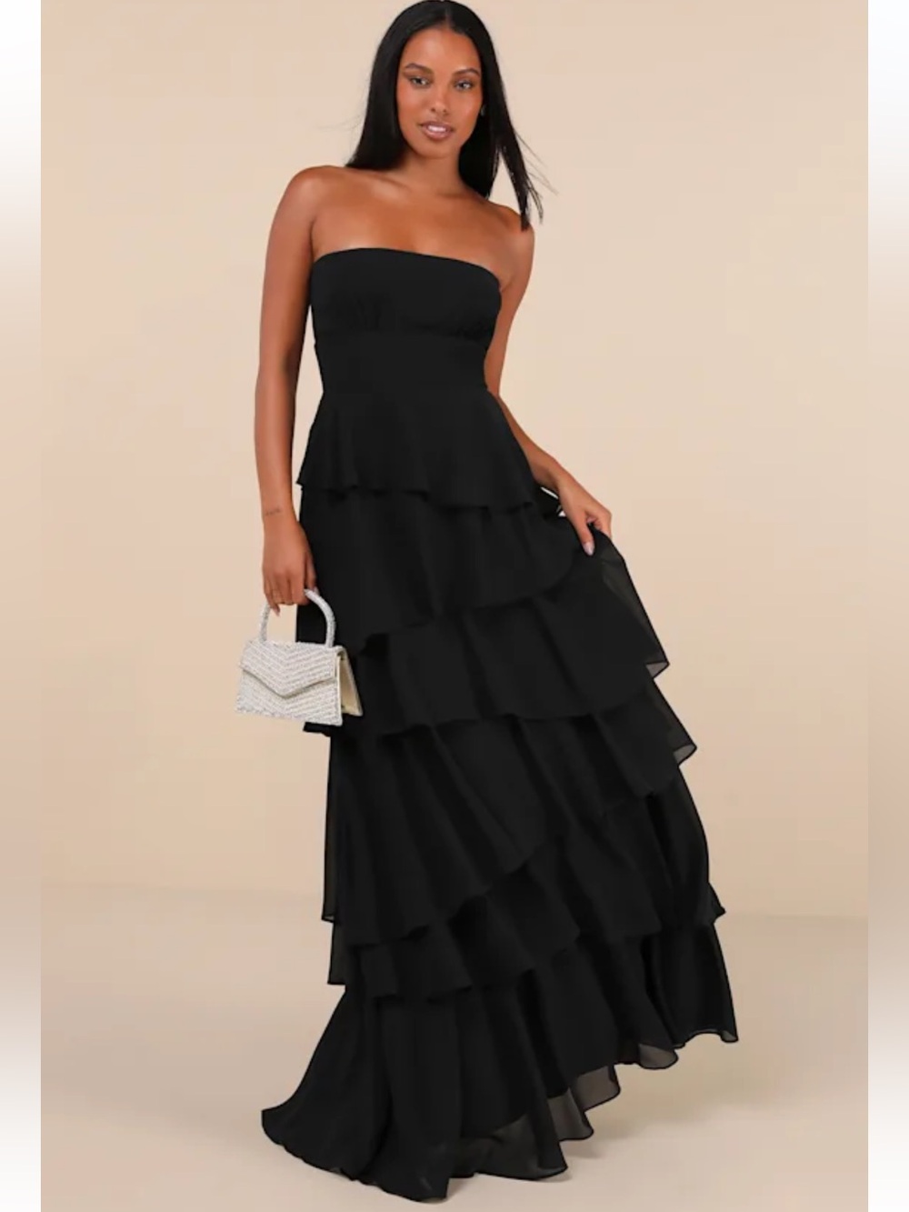 NWT Lulus Gorgeous Essence Black Strapless Tiered Maxi Dress